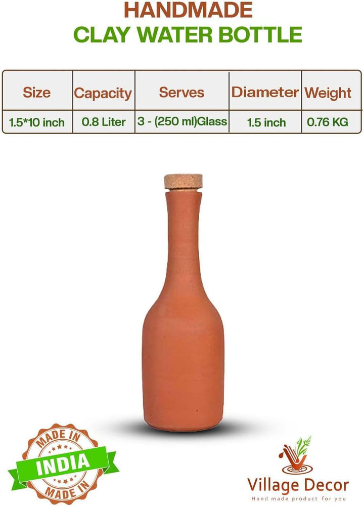 Village Decor Unglasierte, handgefertigte Terrakotta-Wasserflasche mit Korken, 765 ml, vorgebrannte