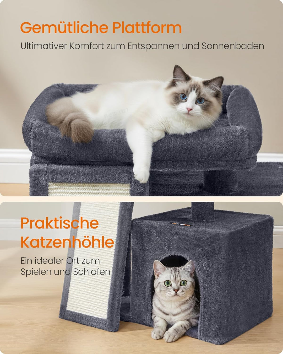 Feandrea Kratzbaum klein, Katzenbaum mit Kratzrampe und grosser Plattform, Katzenkratzbaum mit Höhle