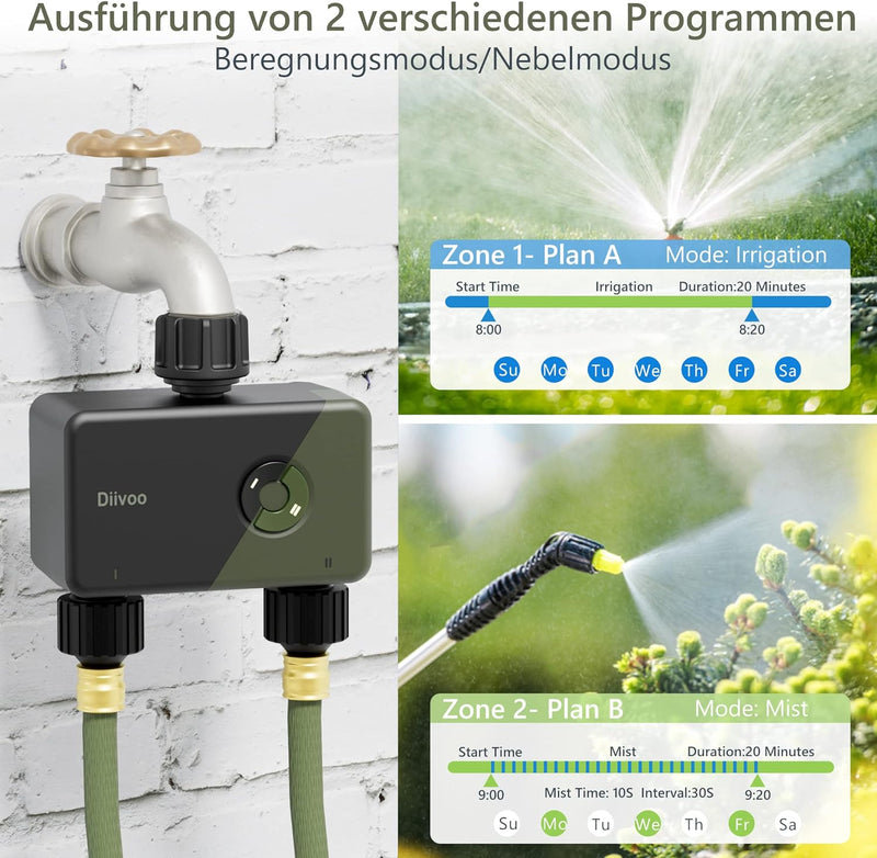 Diivoo Bewässerungscomputer WLAN 2 Ausgänge mit RFID-Gateway, Smart Wasserzeitschaltuh mit App, 6 Be