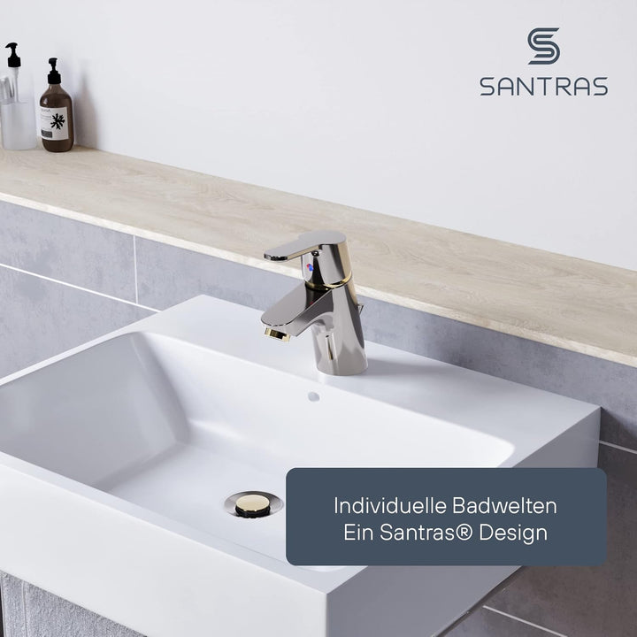 SANTRAS® Waschtischarmatur für das Bad mit Exzenter Ablaufgarnitur und Zugstange in Aranja/Edelmessi