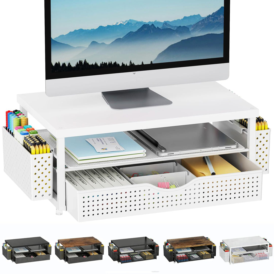 Monitorständer mit Schublade, Schreibtischorganizer und Zubehör, 2-stufiger Computer Monitor Erhöhun