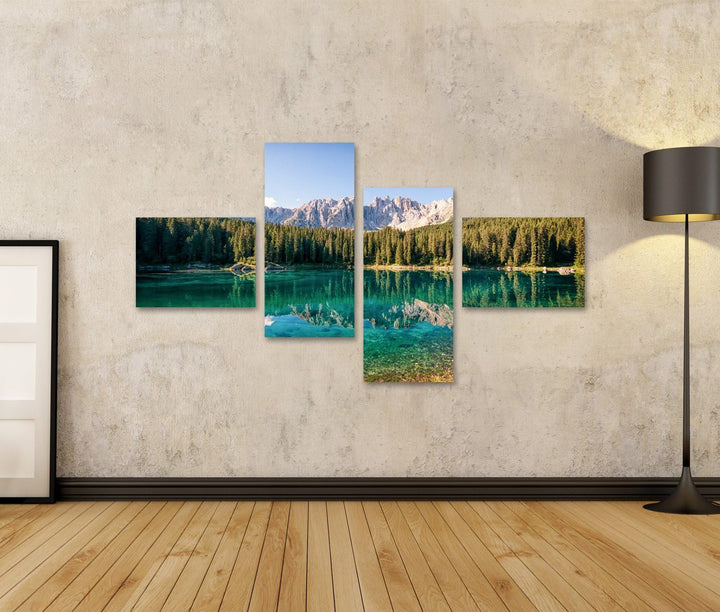 Bild auf Leinwand Karersee bei den Dolomiten in Italien Wandbild Poster Leinwandbild 150x80 4-teilig