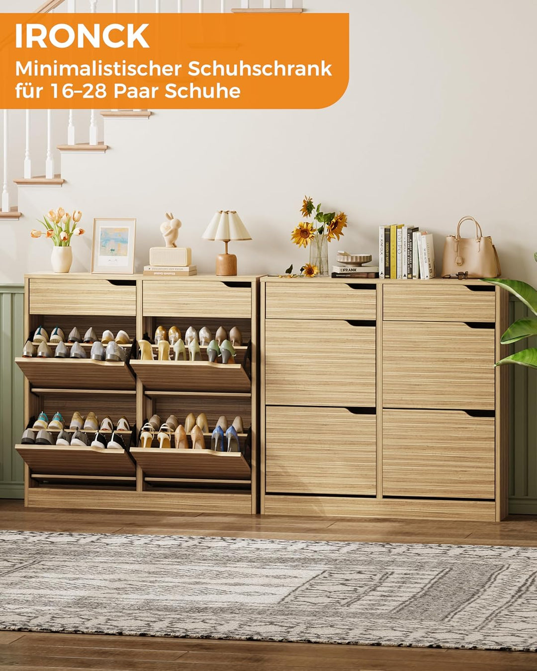 IRONCK Schuhschrank mit 4 Klappen, Schuhkipper Schmal mit 2 Schubladen, freistehendes Schuhregal, Sc