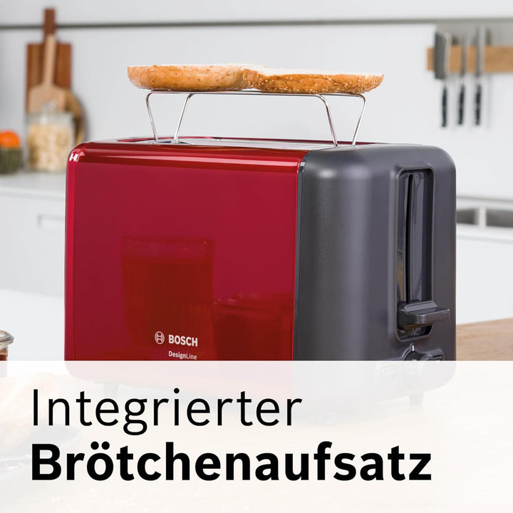 Bosch Kompakt Toaster DesignLine TAT3P424DE, integrierter Edelstahl-Brötchenaufsatz, mit Abschaltaut