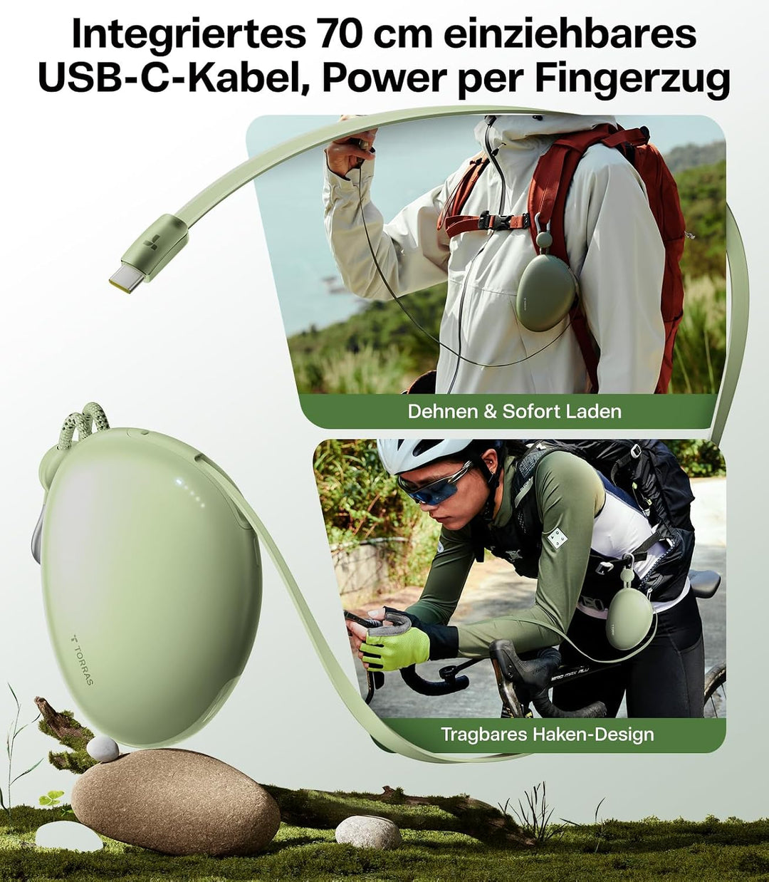 TORRAS FlexLine Pebble Powerbank 10000mAh, 35W Schnellladung, Einziehbares 70 cm USB-C Kabel, Tragba