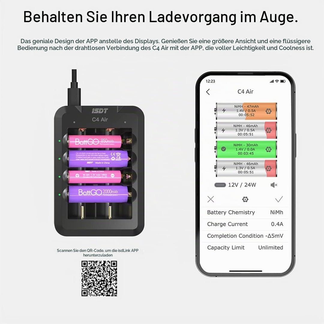 ISDT C4 Air Schnell Akkus Ladegerät,Universal-Haushalt Batterieladegerät mit Bluetooth-APP-Verbindun