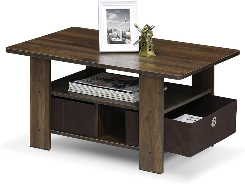 Furinno Andrey Couchtisch mit 2 Einschüben, holz, Kolumbien-Walnuss/Dunkelbraun, 48.01 x 48.01 x 39.