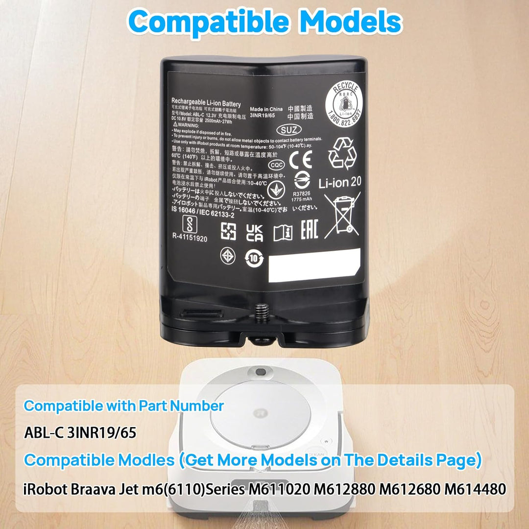 2500 mAh 10,8 V Akku Kompatibel mit iRobot Braava Jet M6 6110, Braava Jet M6 Serie M611020 M612880 M
