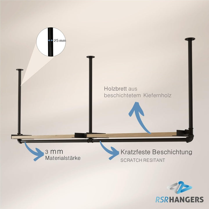 Kleiderstange Garderobe DIEK II Industrie Design für Decke | Breite 200 cm x Höhe 70 cm | Deckengard