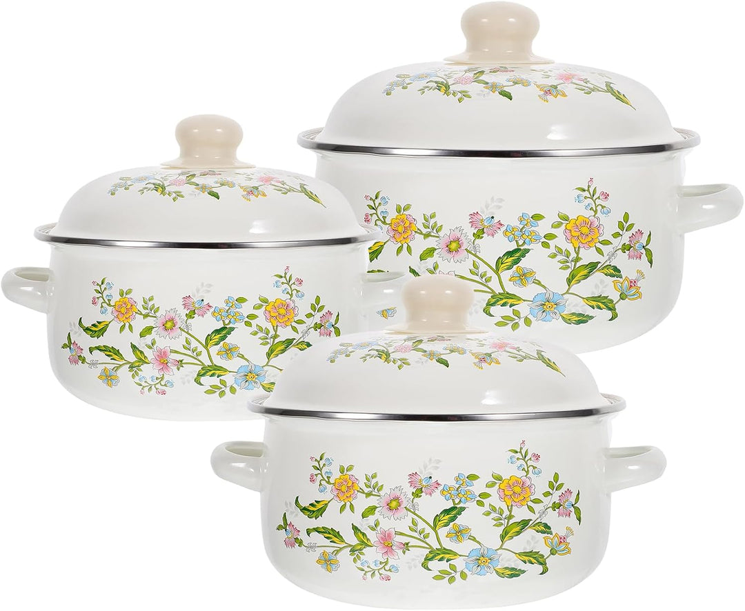 3 Stück Emaille Kochtöpfe Set Mit Deckel Retro Suppentöpfe Für Instantnudeln Suppe Und Milch Flacher