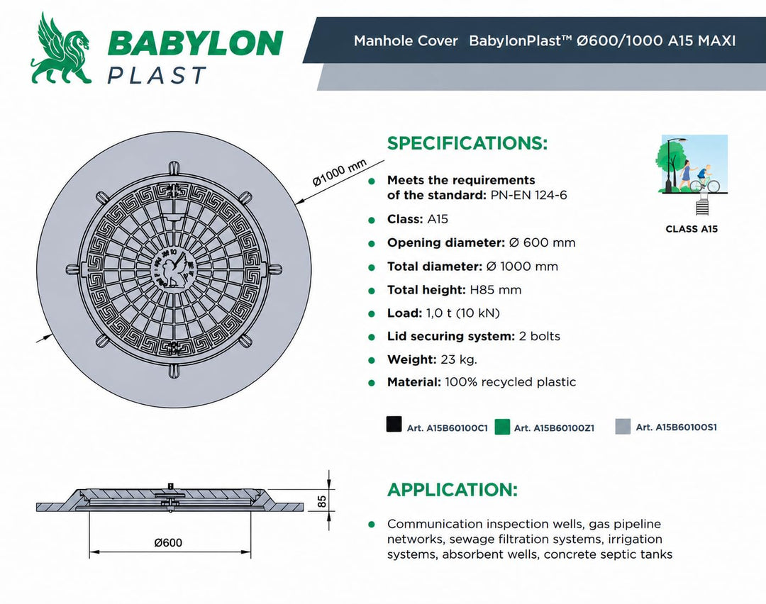 BABYLONPLAST Schachtabdeckung 1000 mm, Schachtdeckel DN1000/600, 10 kN - Hochbelastbarer Kunststoff