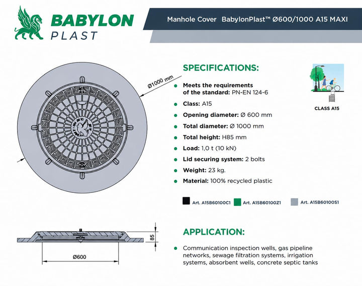 BABYLONPLAST Schachtabdeckung 1000 mm, Schachtdeckel DN1000/600, 10 kN - Hochbelastbarer Kunststoff