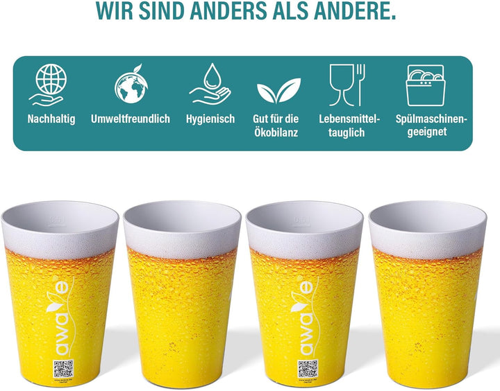 AWAVE Trinkbecher Set 4-teilig aus rPET, 500 ml, mit Eichstrich, Stapelbar, Mehrweg Wiederverwendbar