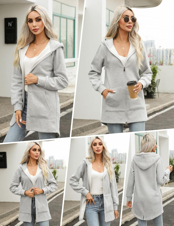 Tuopuda Sweatjacke Damen Lange Übergangsjacke Hoodie Jacke Oversize Reissverschluss Winterjacke Lang