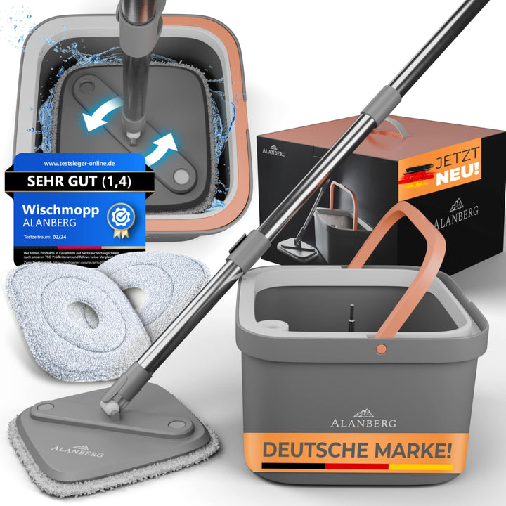 Wischmopp Set mit Eimer, 2-Kammer-System & 2 Mikrofaser-Pads, Flachmopp Bodenwischer mit Edelstahlst
