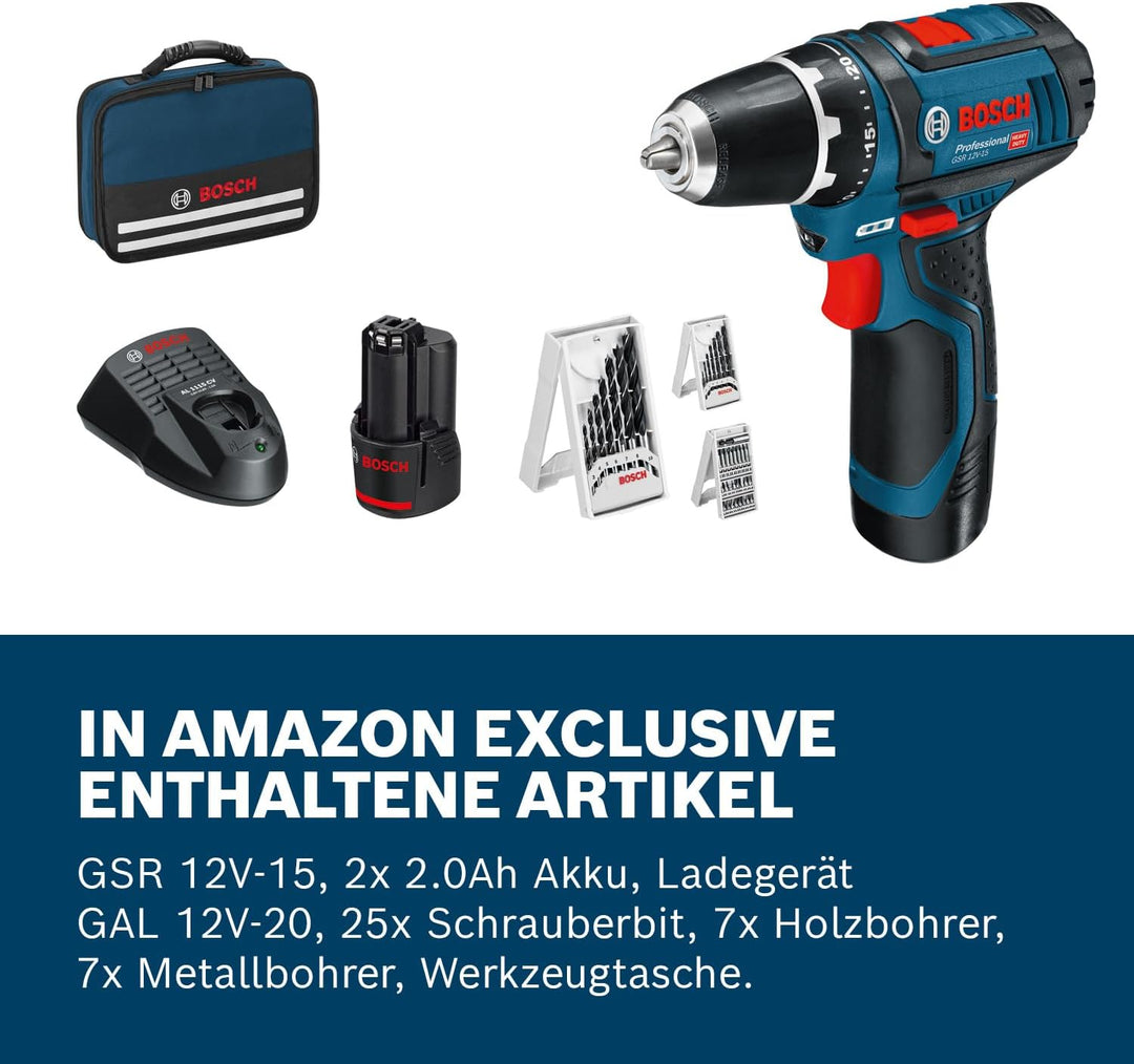 Bosch Professional 12V System Akkuschrauber GSR 12V-15 (inkl. 2x2.0Ah Akku, Ladegerät GAL 12V-20, 10