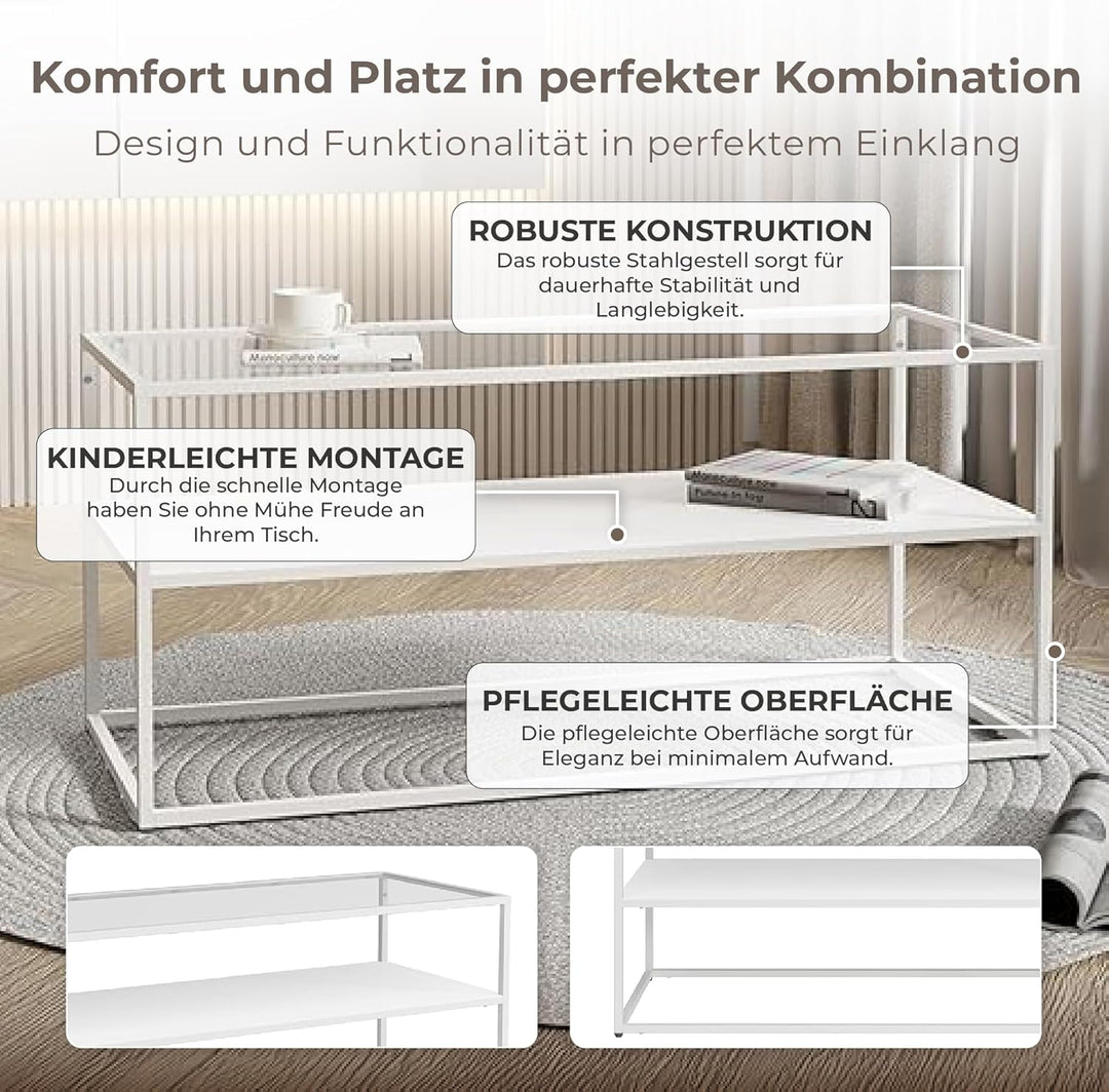[en.casa] Couchtisch Solund Beistelltisch mit Glasplatte Metall Weiss matt Wohnzimmertisch mit Staur