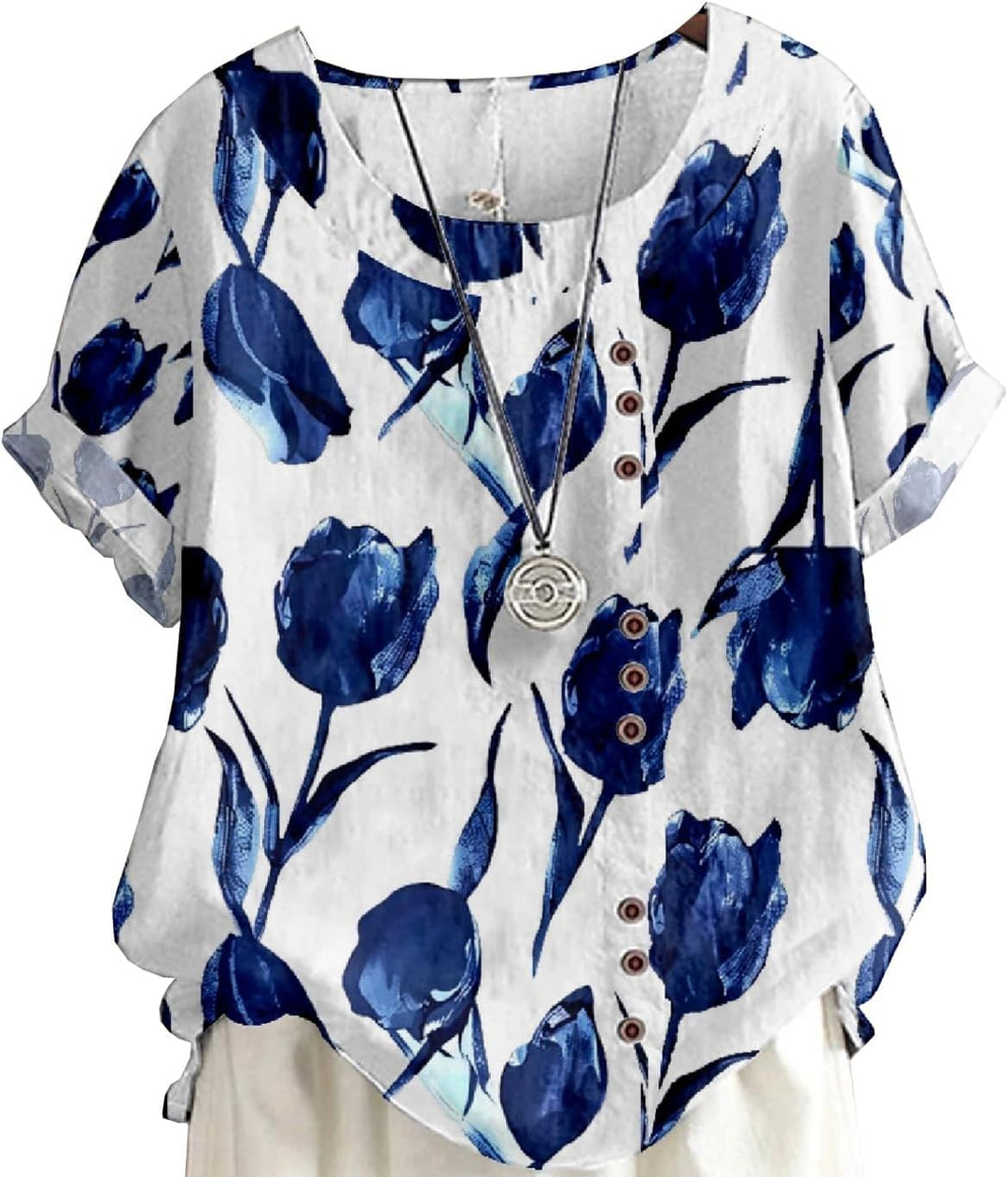Generisch Latzhose Damen Kurz Baumwolle und Leinen, Knopfleiste, Boho-Blumenmuster, Kurzarm Damen We