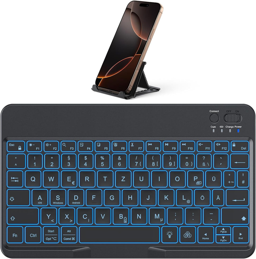 OMOTON Bluetooth Tastatur für iOS/Android/Windows mit Telefonhalter, iPad Tastatur mit Hintergrundbe
