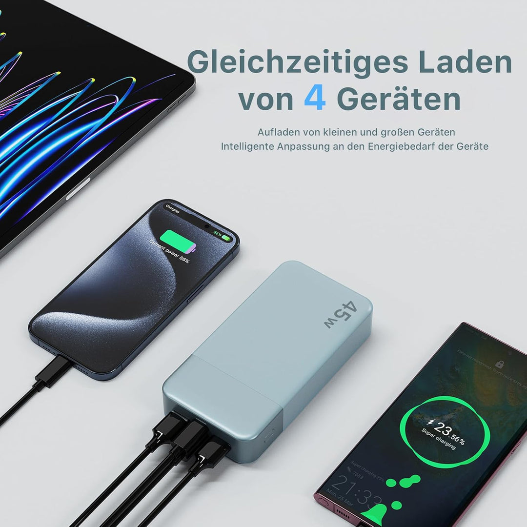 NOBIS Power Bank, Powerbank 20000mAh, 45W Externe Handyakkus Schnellladen, Externer Akku mit C zu C