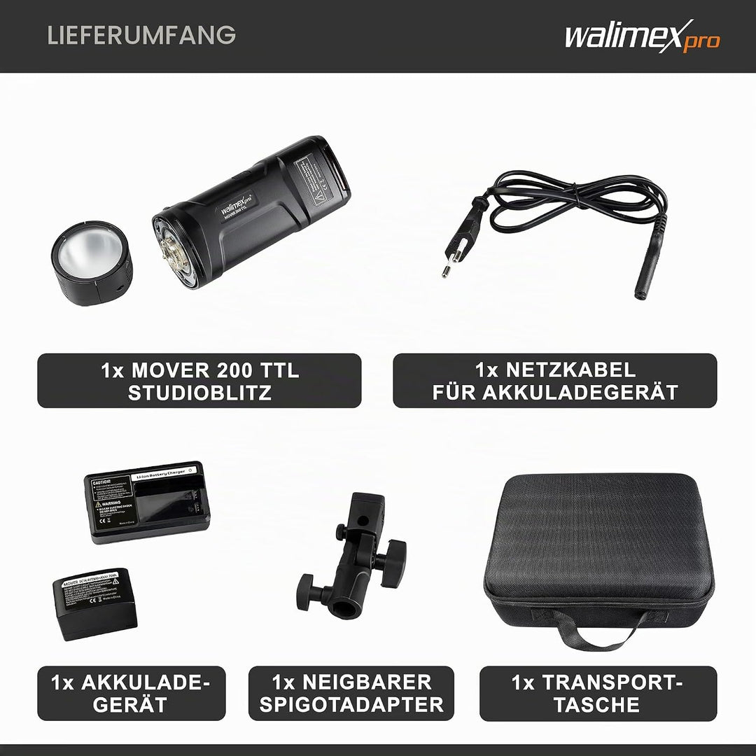 Walimex Pro Studio-Akkublitz Mover 200 TTL - Kompakter Studioblitz mit 2.4GHz Empfänger, HSS Und TTL
