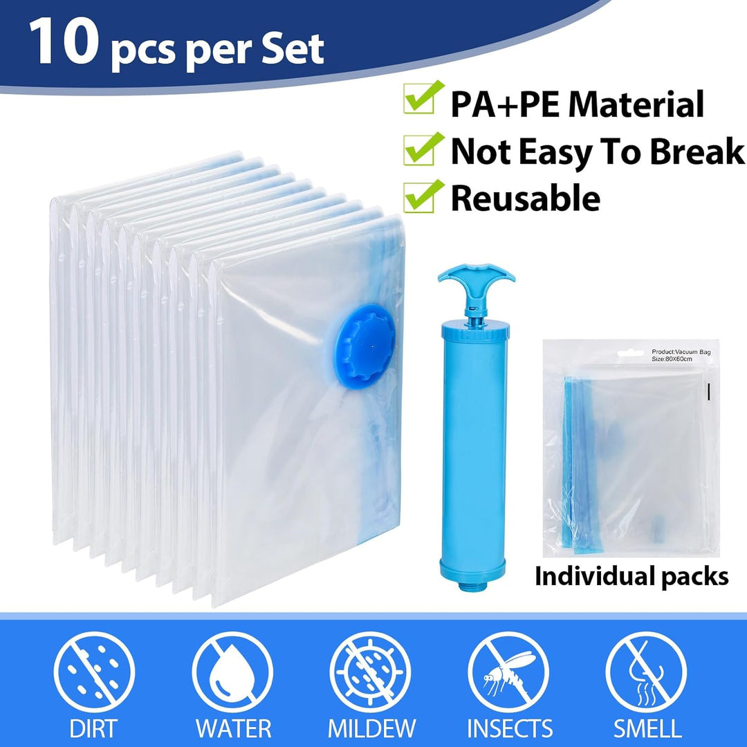 Chuner 10er Set Vakuumbeutel für Bettdecken - 80 x 60 cm, mit Luftdichtem Ventil und Handpumpe - BPA