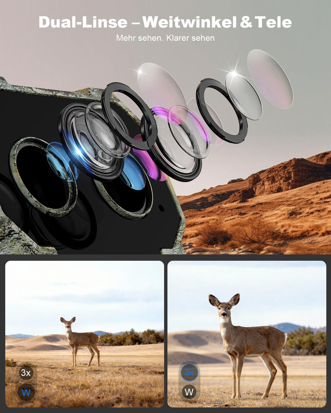 4G LTE Wildkamera mit Handyübertragung App 2.5K Solar Wildtierkamera mit eSIM Karte, Nachtsicht, Bew