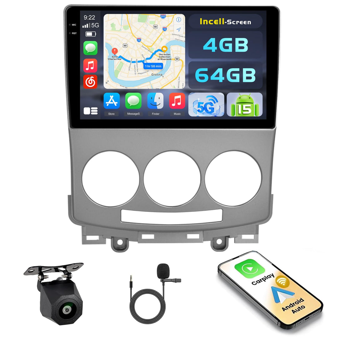 Hikity Android 15 4+64G Autoradio für Mazda 5 2007-2010 mit 9 Zoll Incell Touchscreen, Autoradio 2DI