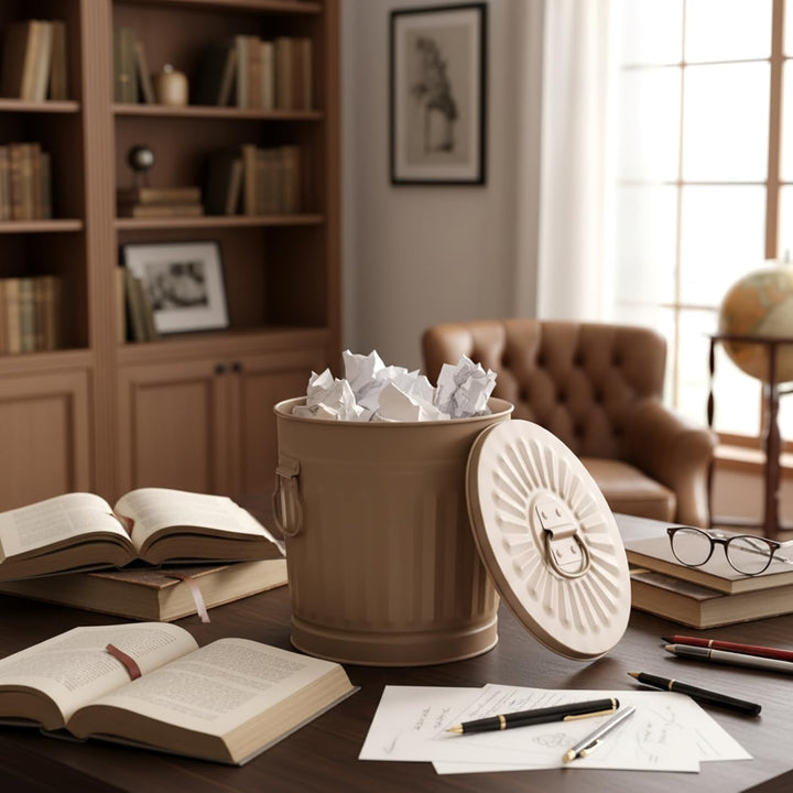 Jinfa Kleiner Metalleimer mit Deckel kleine Oskartonne retro | Beige | Ø 21,5 cm, Höhe 21,5 cm, 7 Li