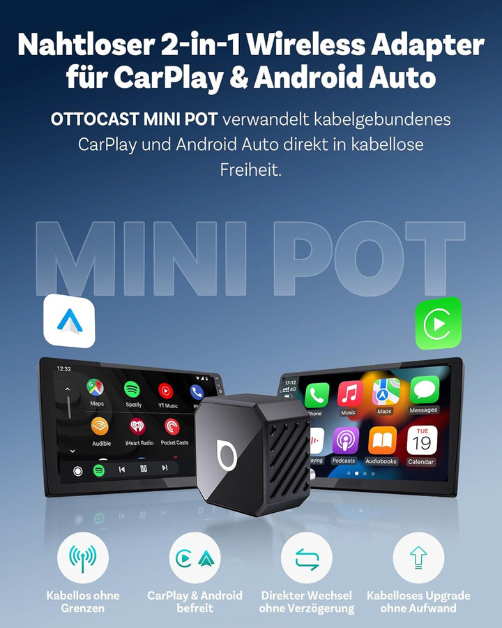 2026 Upgrade Ottocast Mini Pot, Wireless CarPlay & Android Auto Adapter, Plug & Play, WLAN 2.4G+5G,