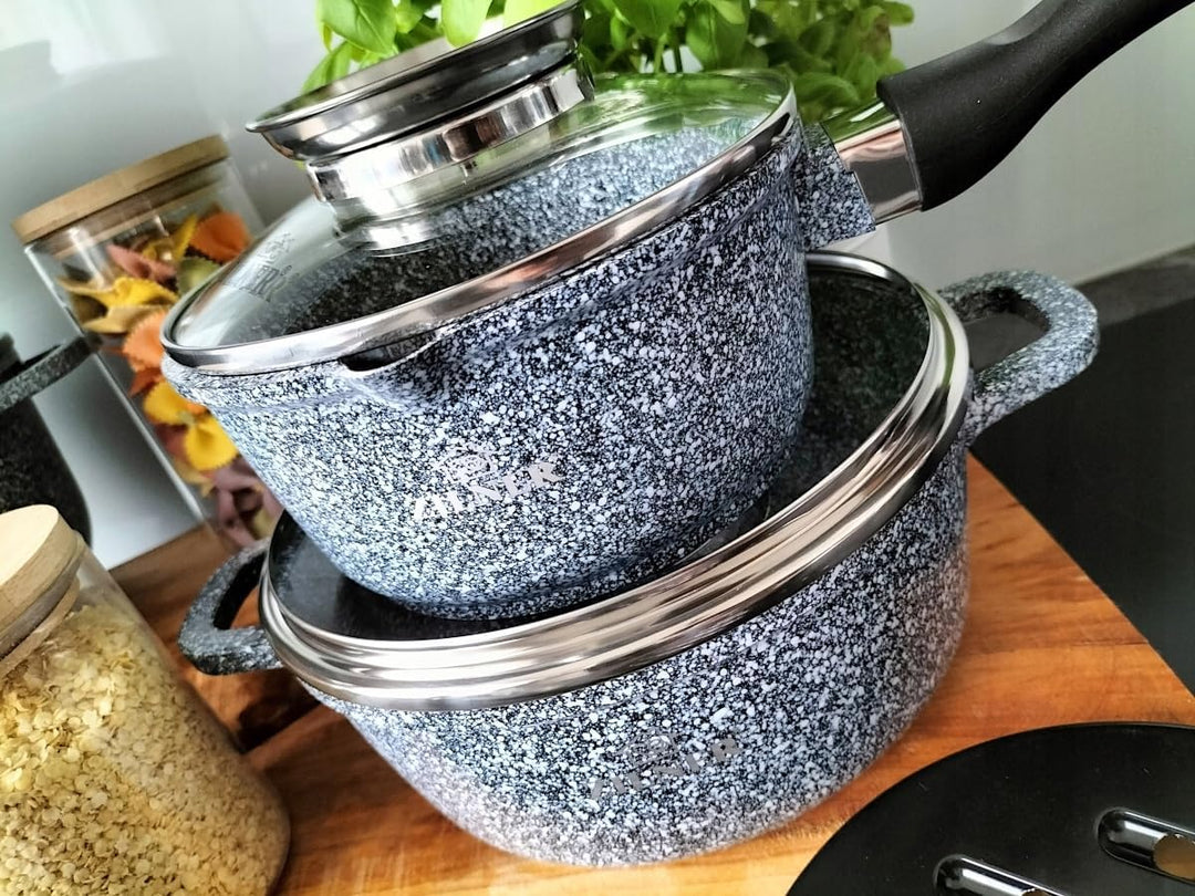 Zilner Schöne graue Töpfe mit Marmorbeschichtung 17 Elemente Topfset Induktion, Töpfe beschichtet, K