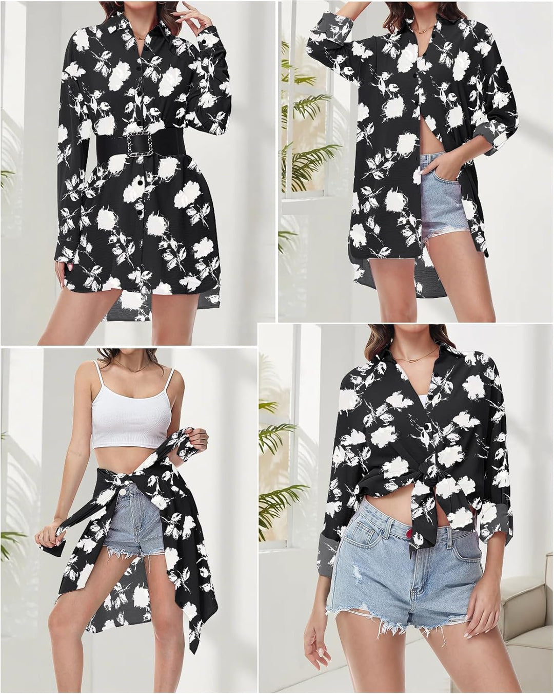 Damen Bluse V-Ausschnitt Hemdbluse Langarm Lässiges Hemd zum Knöpfen Langarmshirt Casual Oberteile A