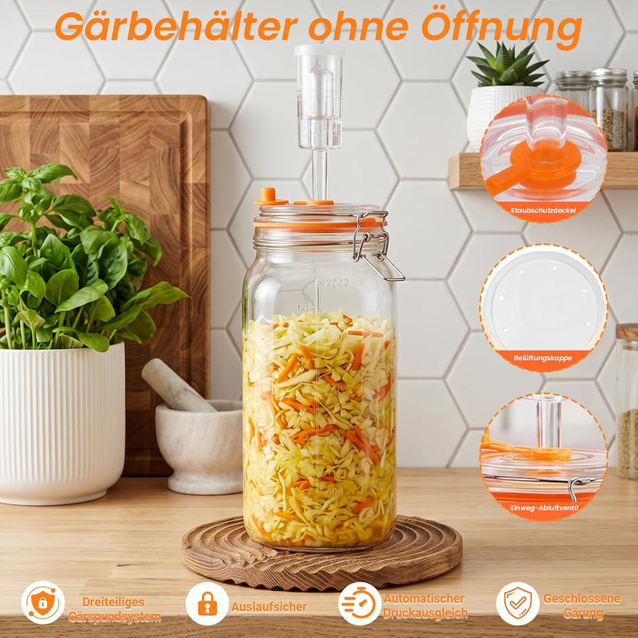 2L Fermentiergläser mit Gärventil und Gewicht, Fermentierglas 2er Set