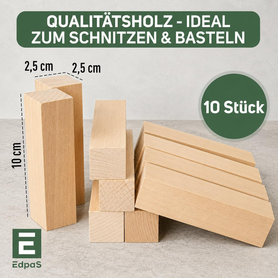 Schnitzholz Ahorn - 10 Stück Holzblock - Schnitzvorlage (10x2,5x2,5cm) - Ahornholz zum Schnitzen Dre