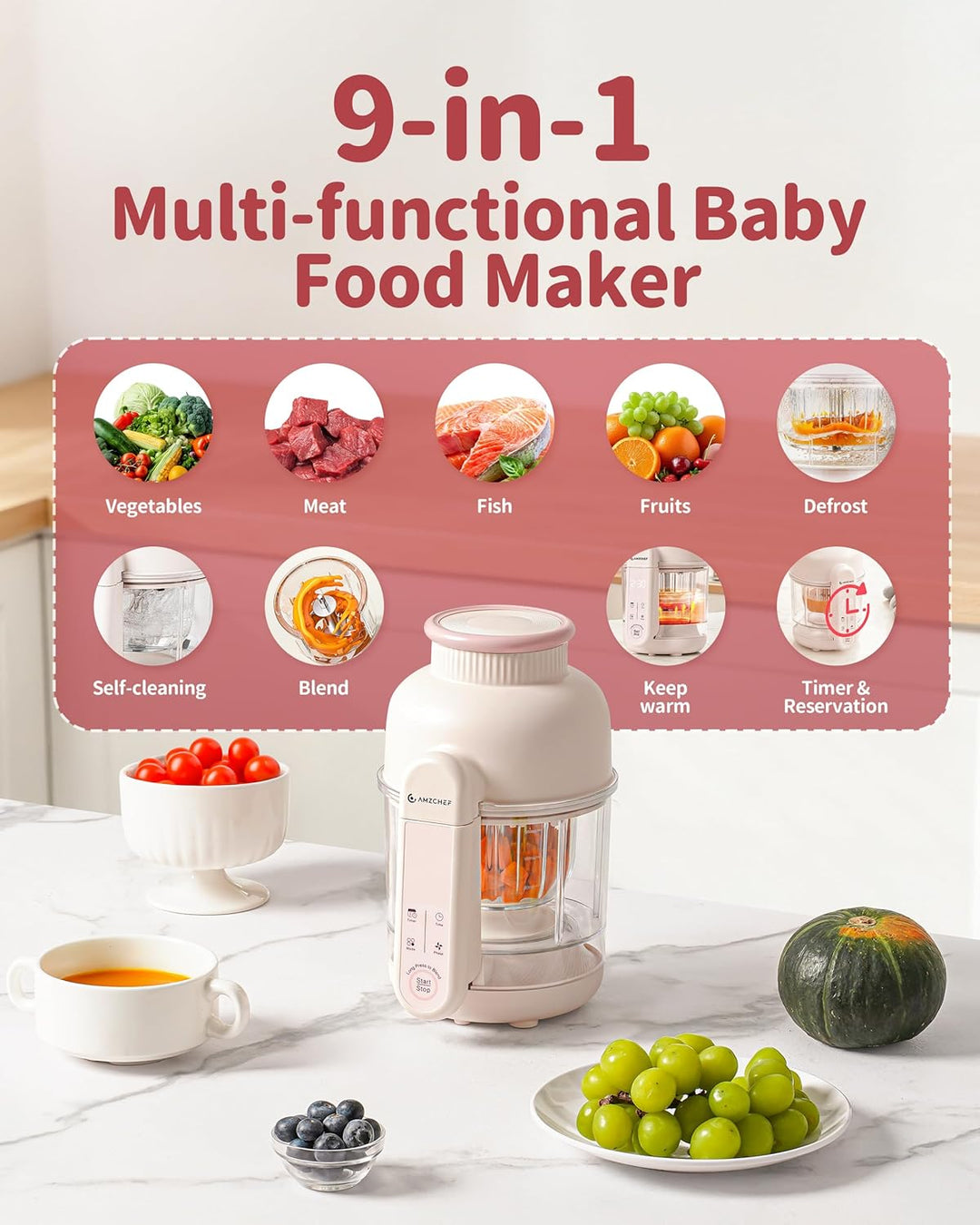 AMZCHEF Babynahrungszubereiter mit Dampfkorb – 6-in-1 Automatisches Kochen & Mixer mit Altersauswahl