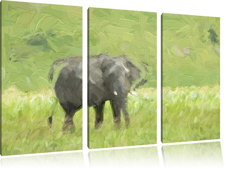 gigantischer Elefant im Gras NewArt 3-Teiler Leinwandbild 120x80 Bild auf Leinwand, XXL riesige Bild