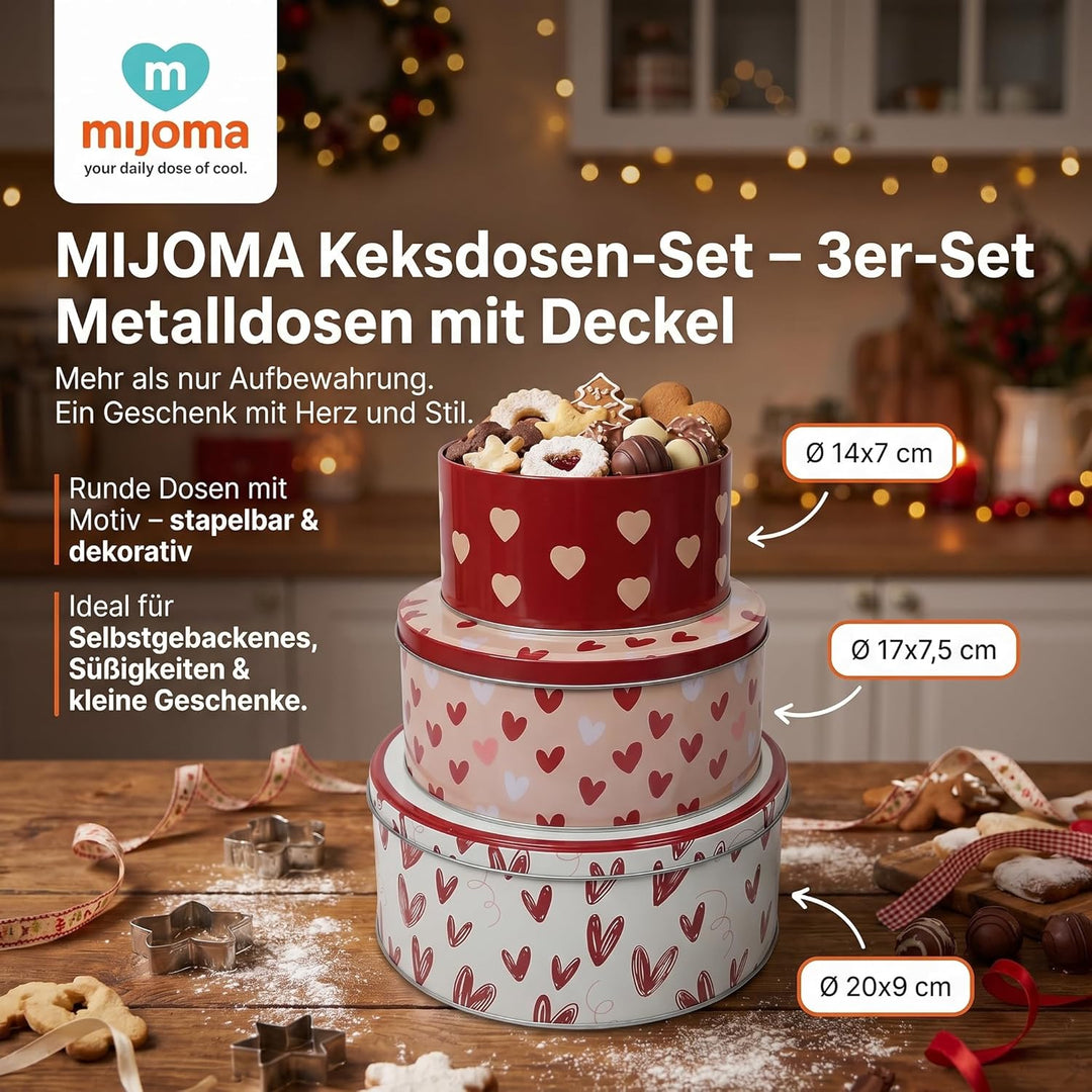 MIJOMA Keksdosen-Set – 3er-Set Metalldosen mit Deckel – runde Dosen mit Motiv – stapelbar & dekorati