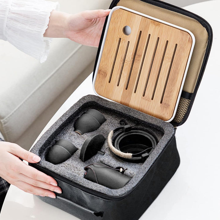 fanquare Japanisches Tragbare Reise Tee Set mit Reisetasche, Schwarz Porzellan Tee Service mit Teeka