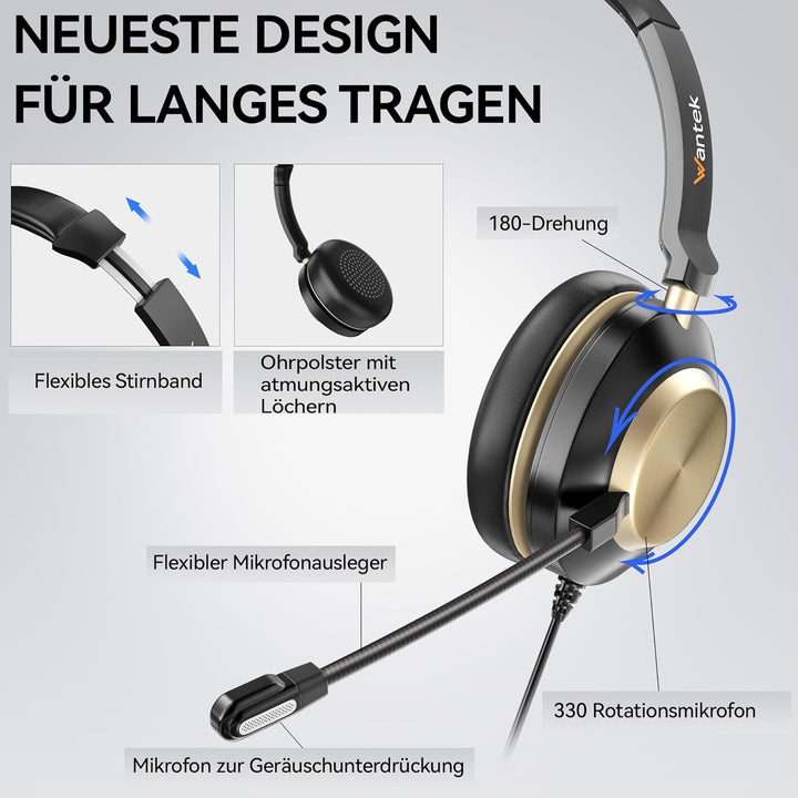 Wantek 881F Headset Mono mit Mikrofon Noise Cancelling und USB A 3,5mm Stecker Typ C auf A Adapter f