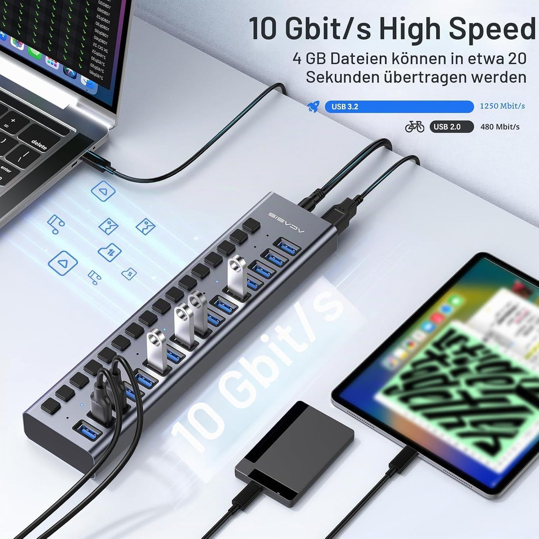 Powered USB 3.2 Hub, ACASIS 16 Ports USB 3.2 Hub mit 10Gbps Datenrate, Aluminiumgehäuse, USB Hub Pow