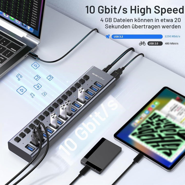 Powered USB 3.2 Hub, ACASIS 16 Ports USB 3.2 Hub mit 10Gbps Datenrate, Aluminiumgehäuse, USB Hub Pow