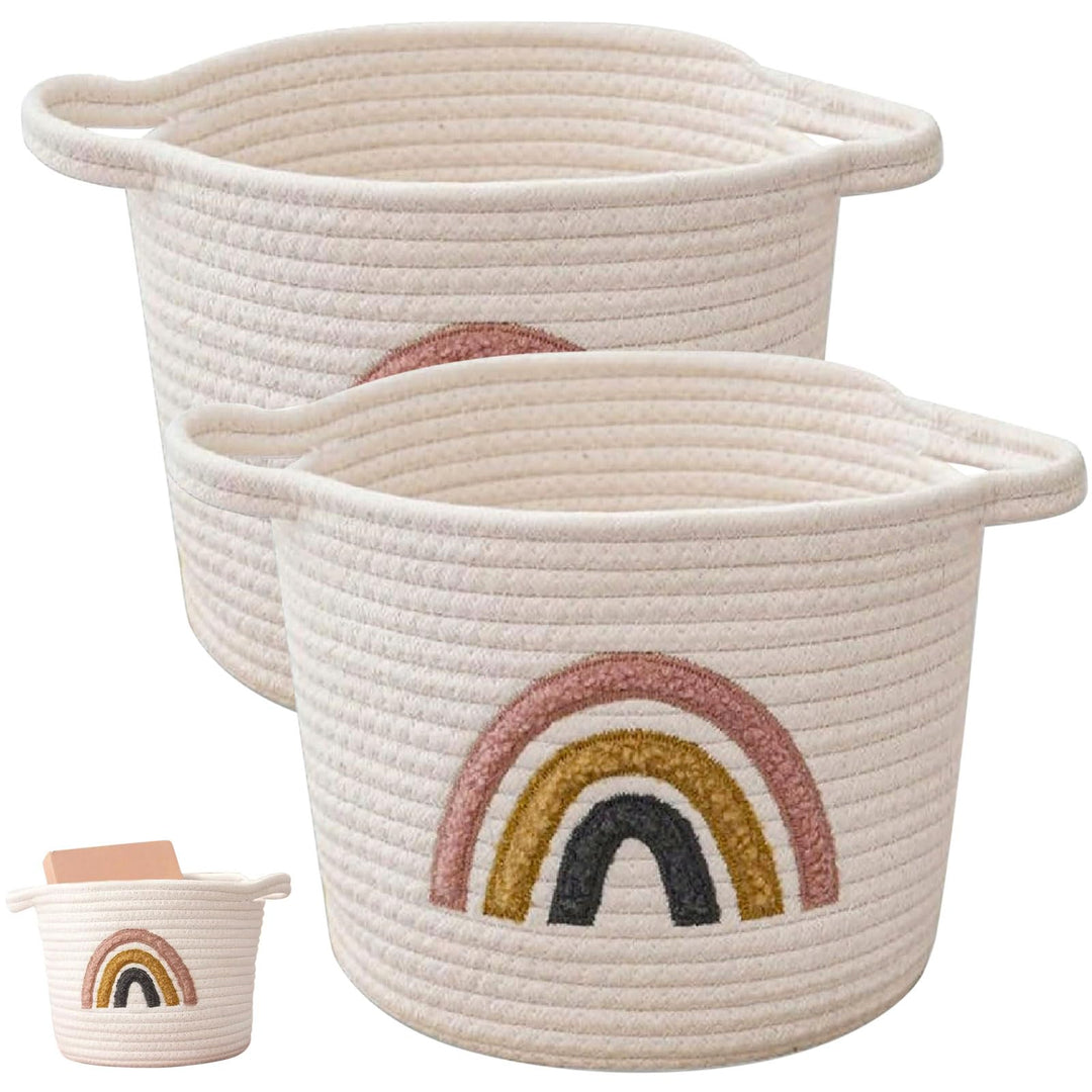 2 Stück Kleiner Gewebter Aufbewahrungskorb, 25x20cm Kinder Baumwollseil-Regalkorb mit Regenbogen, Ko