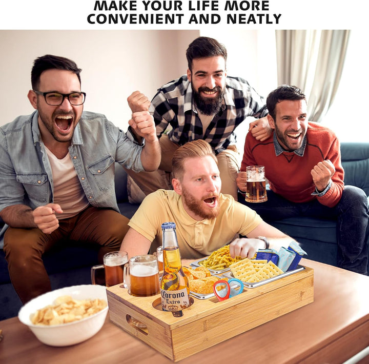 Couchbar Snackbox, Snackspender mit 3X Snackschalen, Abnehmbarer Deckel, Sofatablett aus Holz, Couch