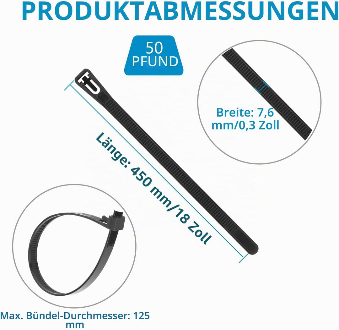 100 Stück 7.6mm x 450mm Kabelbinder wiederverwendbar UV-Beständig Starkes Nylon Wiederlösbar Kabelbi