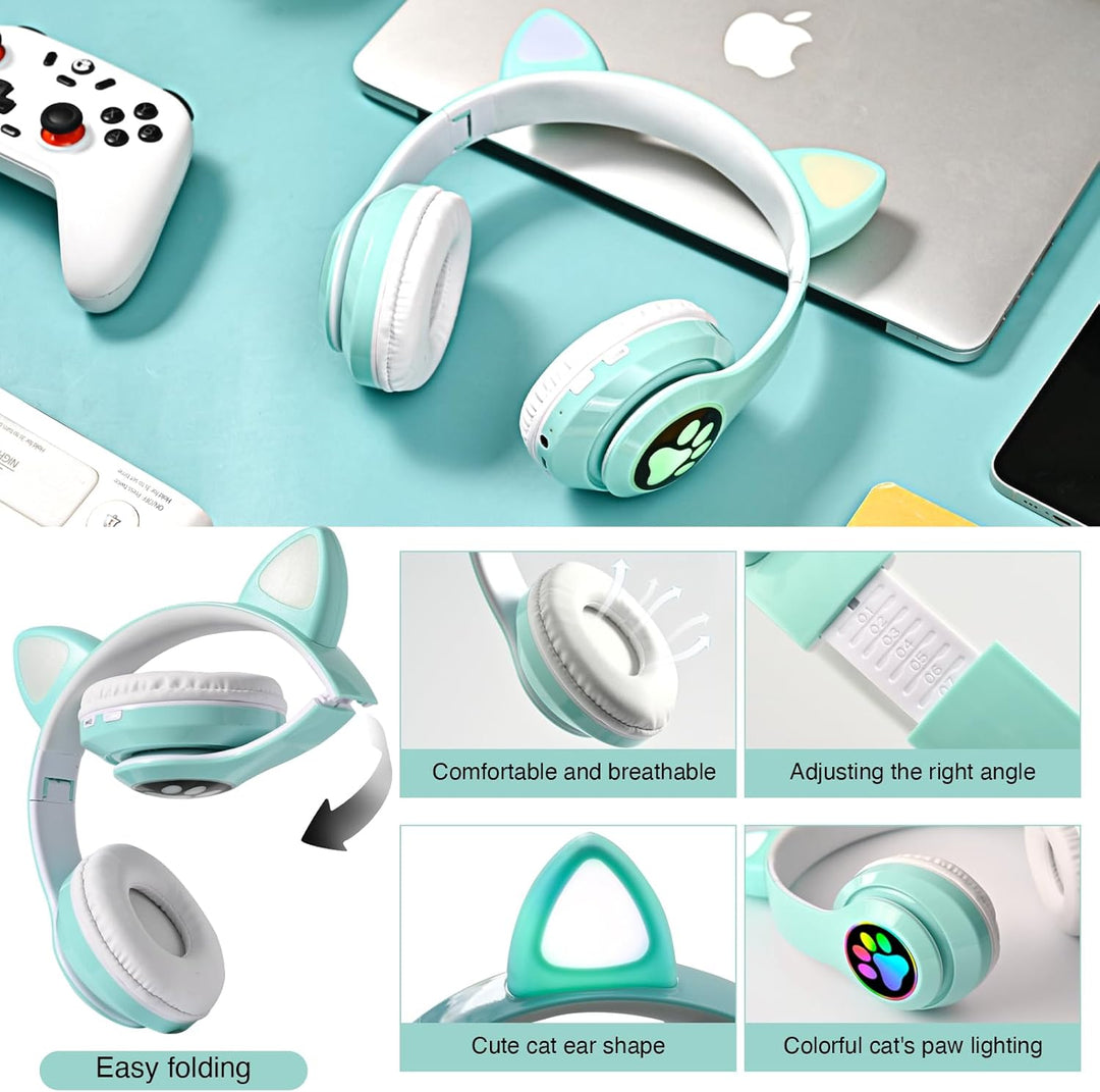 OHAANYY Katzenohr Kopfhörer Kindergeburtstag Geschenke Kind LED Katzenohren Einhorn Bluetooth Kabell