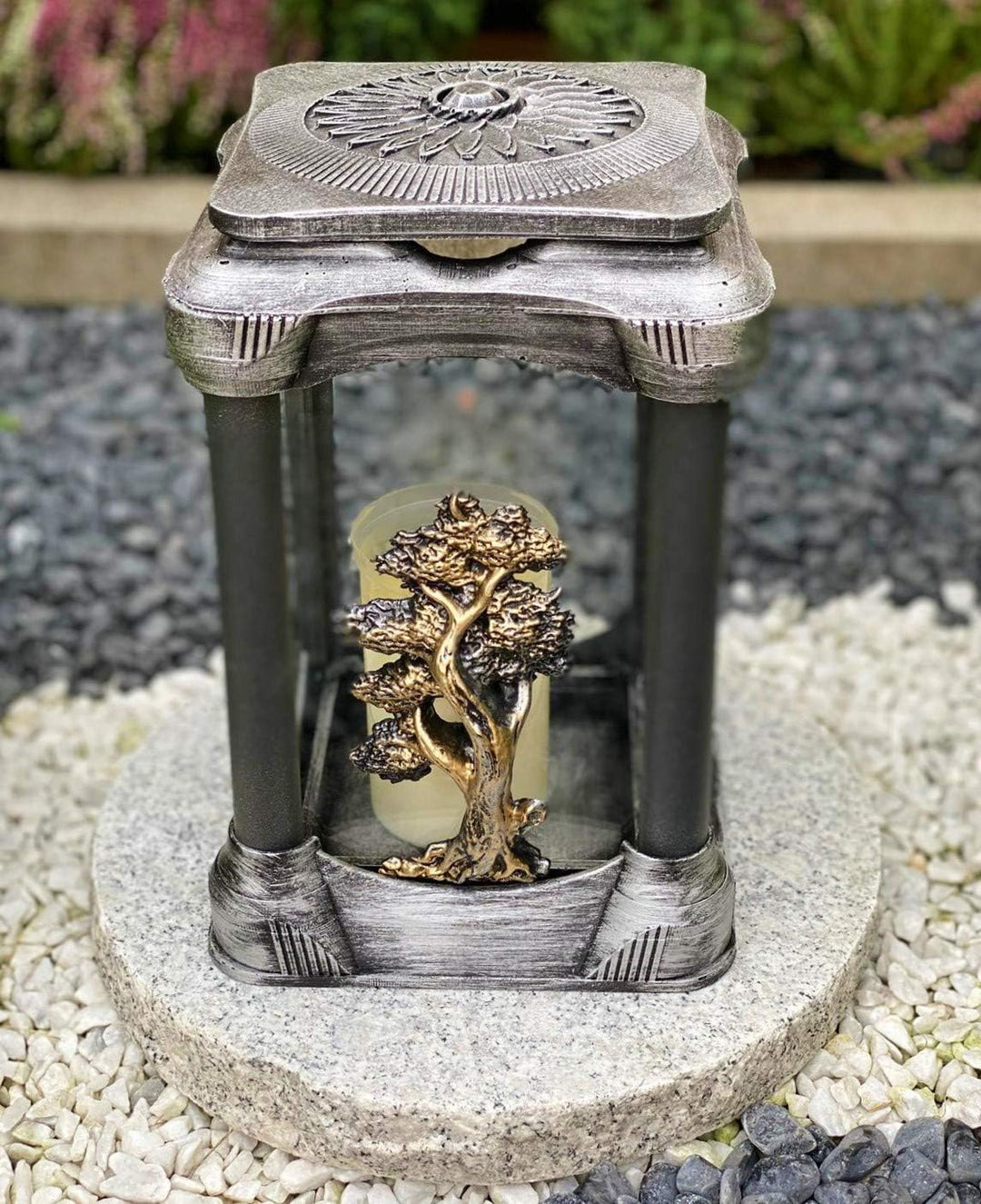Grablampe Handmade NEU Baum-Motiv Grablicht Grabkerze Grabdekoration Grabschmuck Gartenlampe incl.Gr