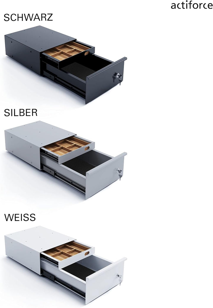 ACTIFORCE® Premium Untertischschublade abschliessbar, mit 2 Schubfächern und Bambuseinlage | schwarz
