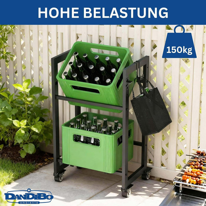 DanDiBo Getränkekistenregal 2 Kisten mit Gitter Haken Rollen Schmal Metall Schwarz 96649 Getränkereg