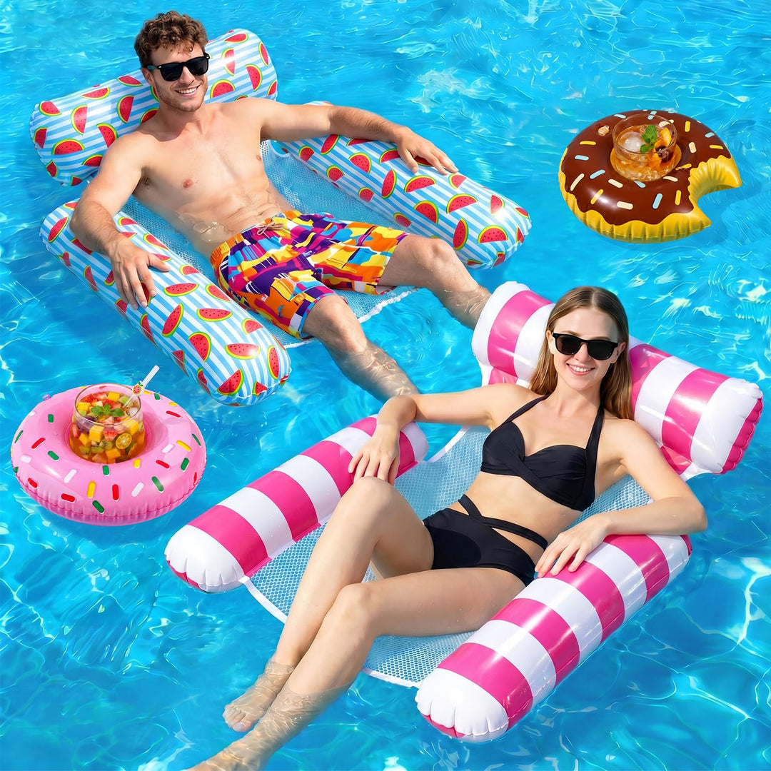 Luftmatratze Pool,2 Stück Wasserhängematte mit 2 Getränkehalter | 4 in 1 Luftmatratze Wasser mit Rüc