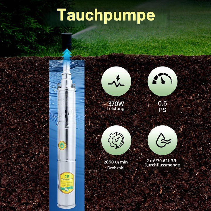 Tauchpumpe Tiefbrunnenpumpe DC 24V 370W 1" Solar Tauchpumpe bis 65m 1.8m³/h NEU